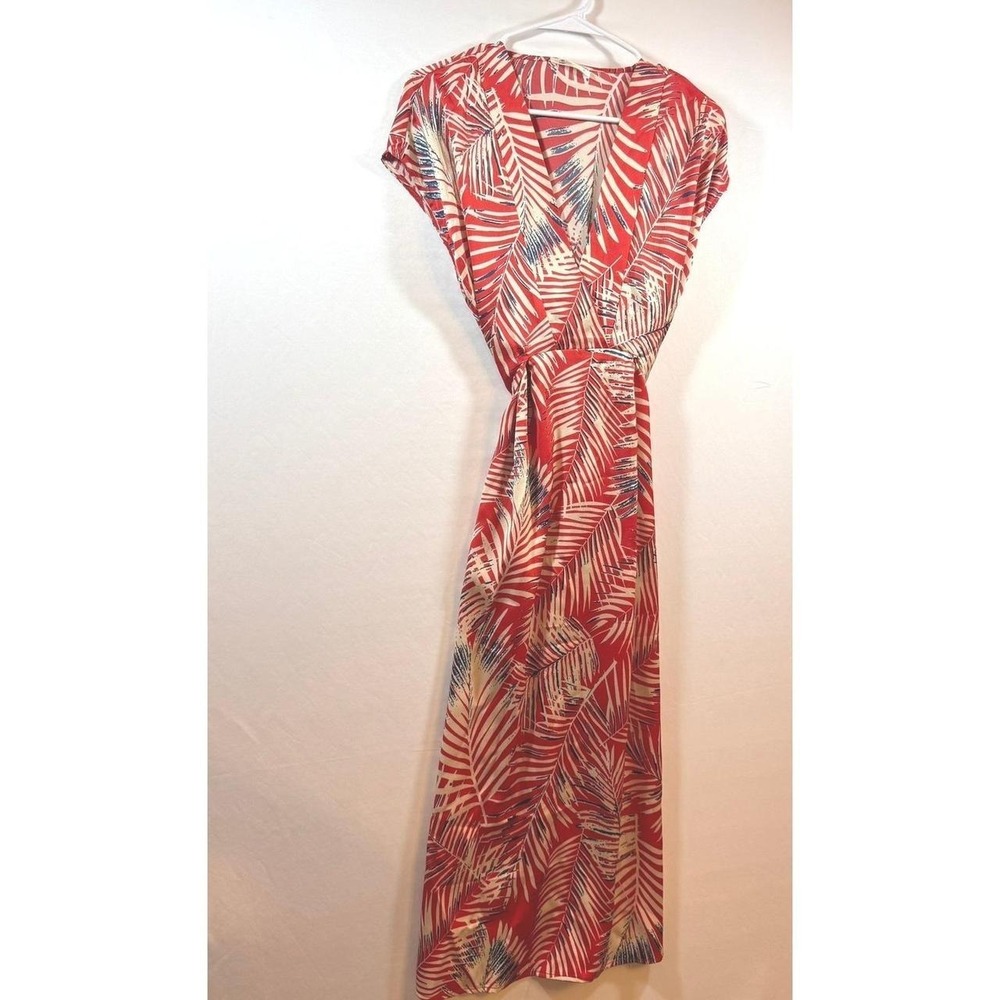 Cupshe‎ Women Red Tropical Palm Leaf Wrap Maxi Dress Short Sleeve XS